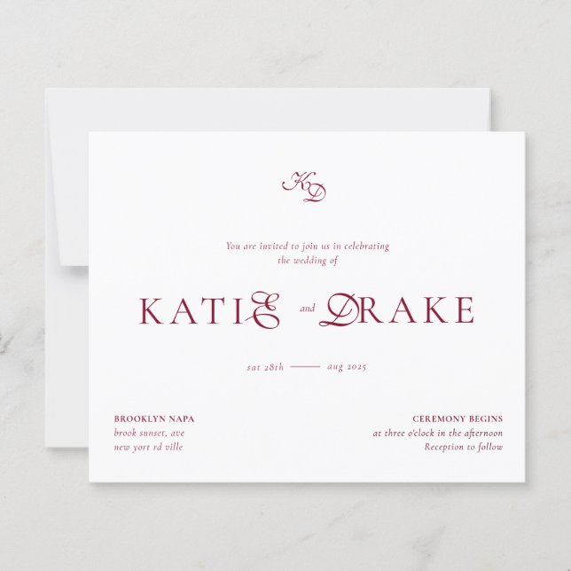 BUDGET Monogram djup burgunderfärgad script bröllo (Framsida)