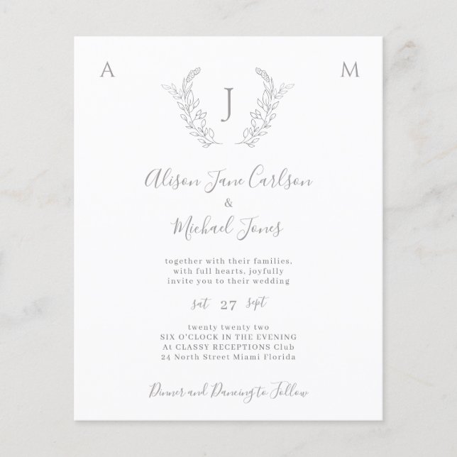 Budget monogram elegant blad bröllopsinbjudan (Framsida)