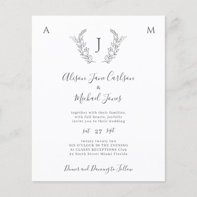 Budget monogram elegant blad bröllopsinbjudan flygblad (Framsidan)