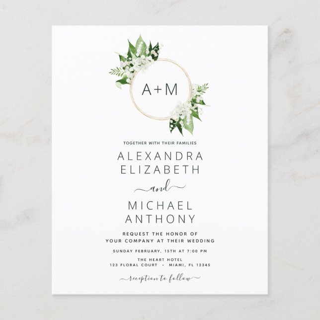 Budget Monogram Emerald Grönt Greenery Bröllop Flygblad (Framsidan)