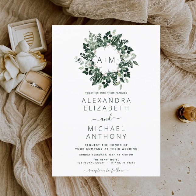 Budget Monogram Emerald Grönt Greenery Bröllop Flygblad (Skapare uppladdad)