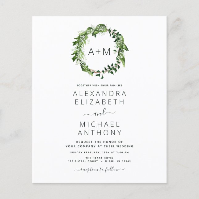 Budget Monogram Emerald Grönt Greenery Bröllop Flygblad (Framsidan)