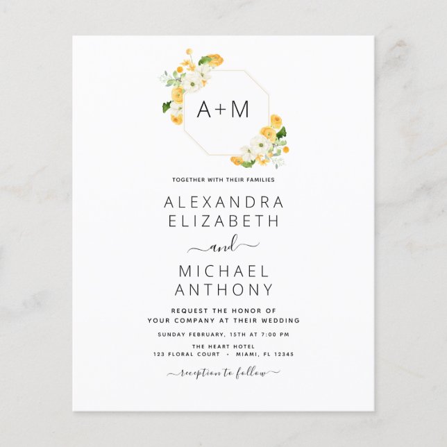 Budget Monogram Gul Orange Blommig Bröllop Flygblad (Framsidan)