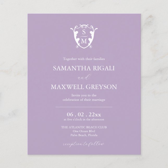 Budget Monogram Lilac bröllopsinbjudan Flygblad (Framsidan)