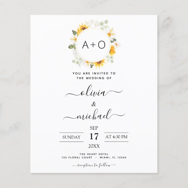 Budget Monogram Solros Eucalyptus Bröllop Flygblad (Framsidan)