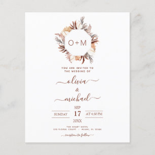 Budget Monogram Terracotta Pampas Grass Bröllop Flygblad