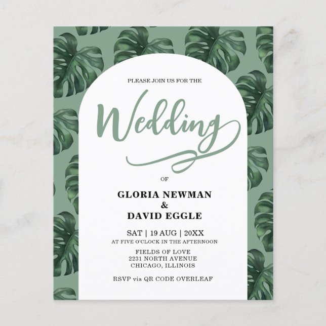 Budget Monstera Leaves Wedding QR Code Invitation (Framsida)