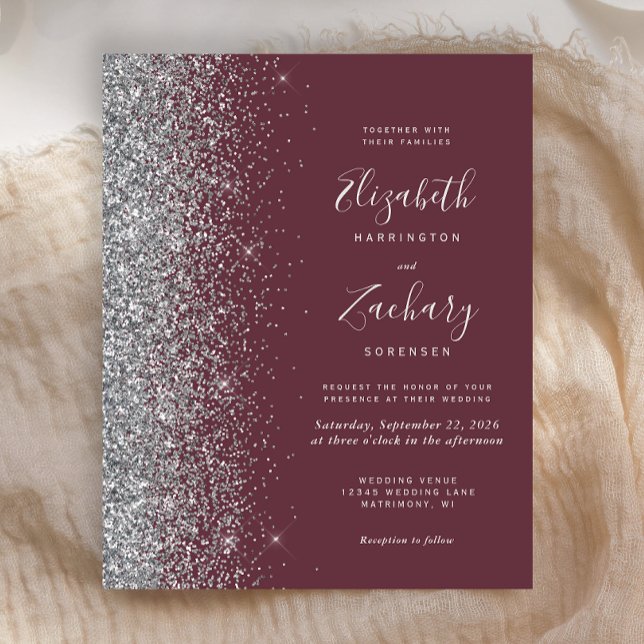 Budget Mörk Burgundy Silver Glitter Bröllopsinbjud (Skapare uppladdad)
