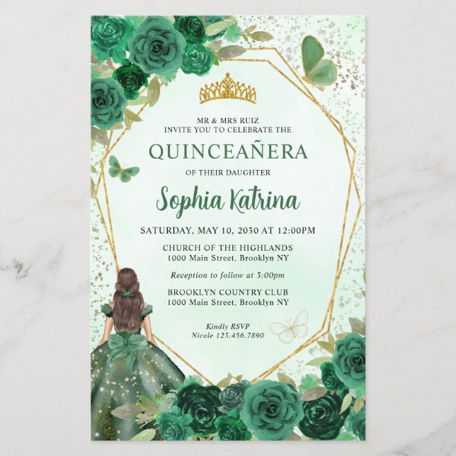 Budget Mörk grönt Blommigt Princess Quinceañera Gu (Framsida)