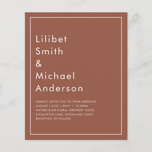 BUDGET Mörk Terrakotta Monokrom Bröllop Flygblad (Framsidan)