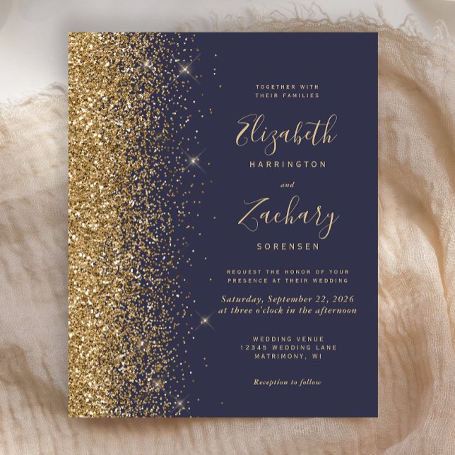 Budget Mörkblå Guld Glitter Bröllopsinbjudan (Skapare uppladdad)