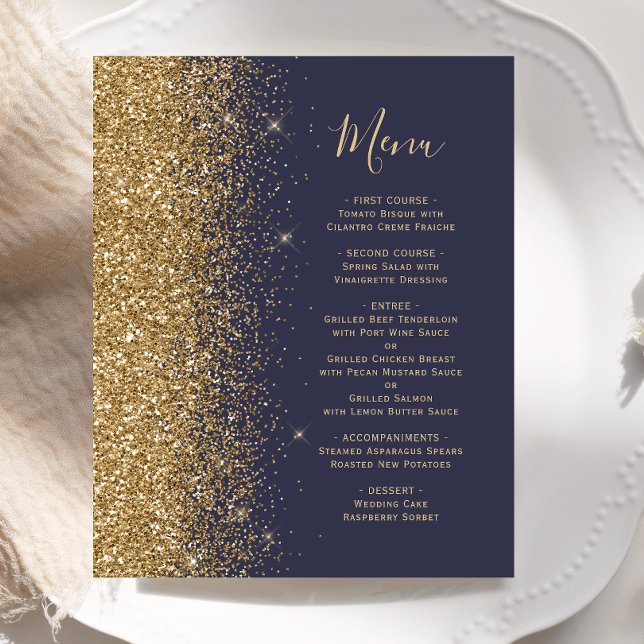 Budget Mörkblå Guld Glitter Bröllopsmeny (Skapare uppladdad)