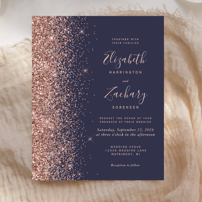 Budget Mörkblå Rosa Guld Glitter Bröllopsinbjudan (Skapare uppladdad)