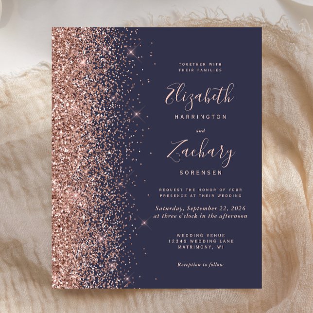 Budget Mörkblå Rosa Guld Glitter Bröllopsinbjudan (Skapare uppladdad)