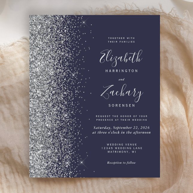 Budget Mörkblå Silver Glitter Bröllopsinbjudan (Skapare uppladdad)