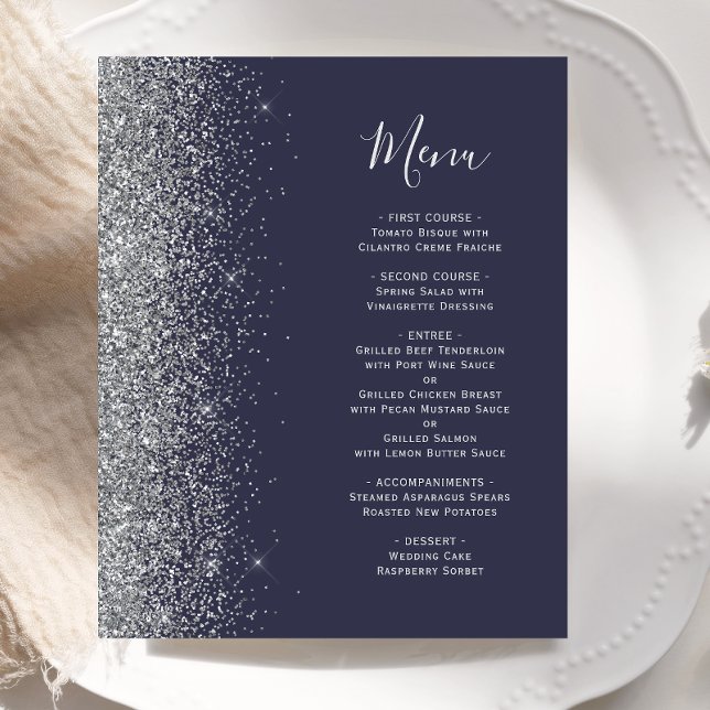 Budget Mörkblå Silver Glitter Kant Bröllopsmeny (Skapare uppladdad)