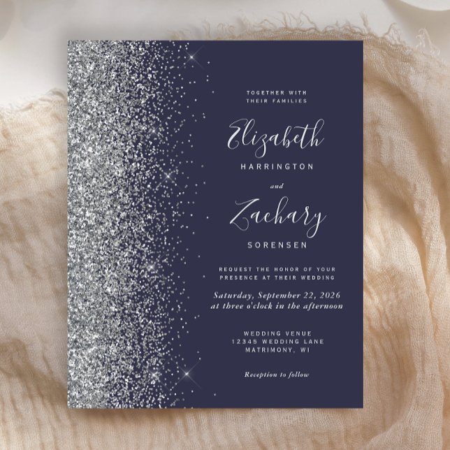 Budget Mörkblå Silverglitter Bröllopsinbjudan (Skapare uppladdad)