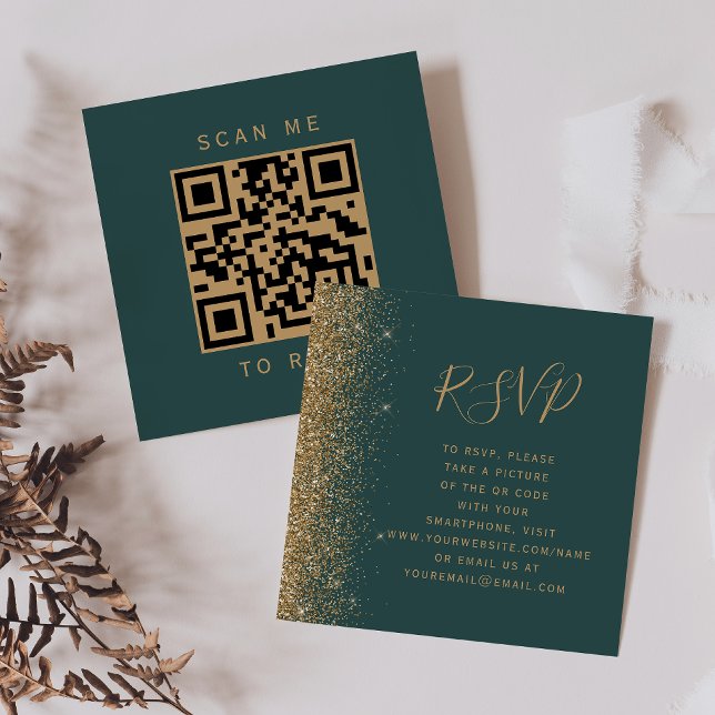 Budget Mörkgrön Guld Bröllops QR-kod RSVP Tilläggskort (Skapare uppladdad)