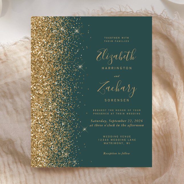 Budget Mörkgrön Guld Glitter Bröllopsinbjudan (Skapare uppladdad)
