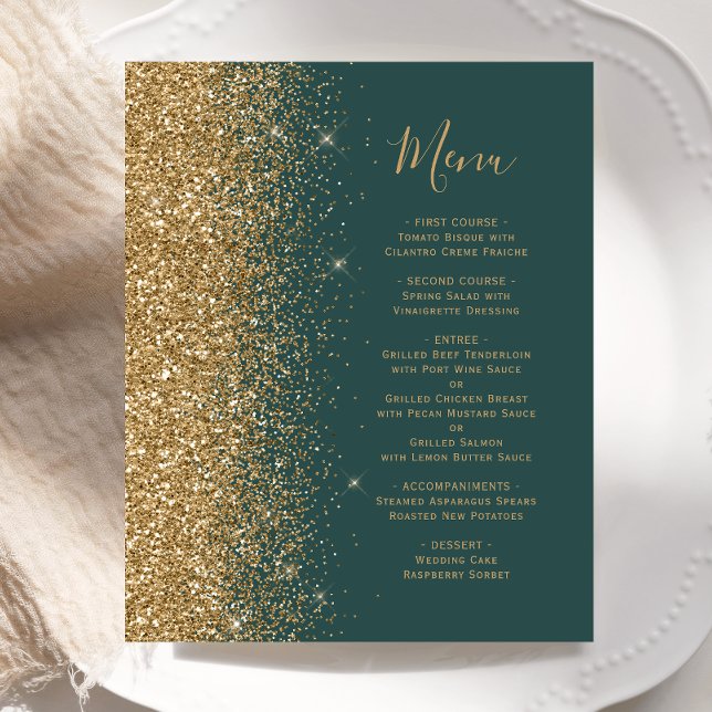 Budget Mörkgrön Guld Glitter Bröllopsmeny (Skapare uppladdad)