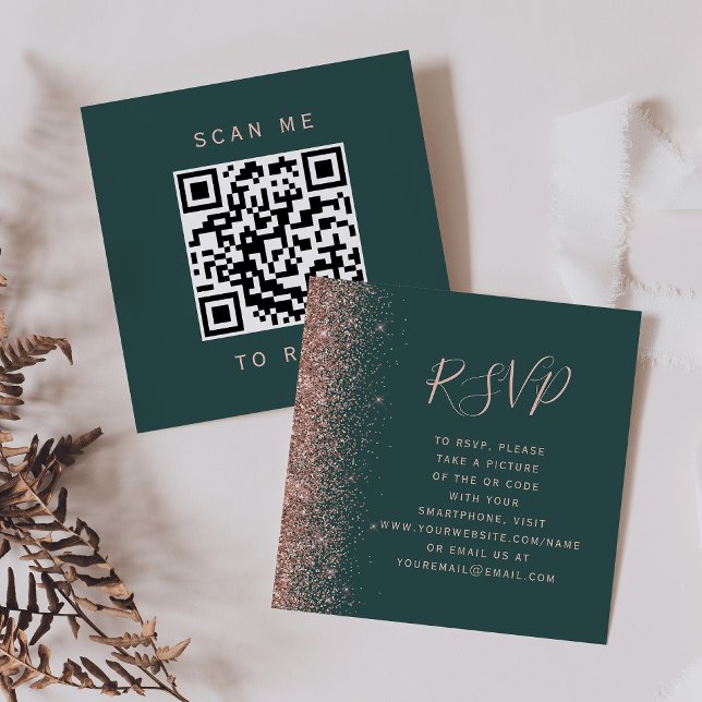 Budget Mörkgrön Rosa Guld Bröllops QR-kod RSVP Tilläggskort (Skapare uppladdad)