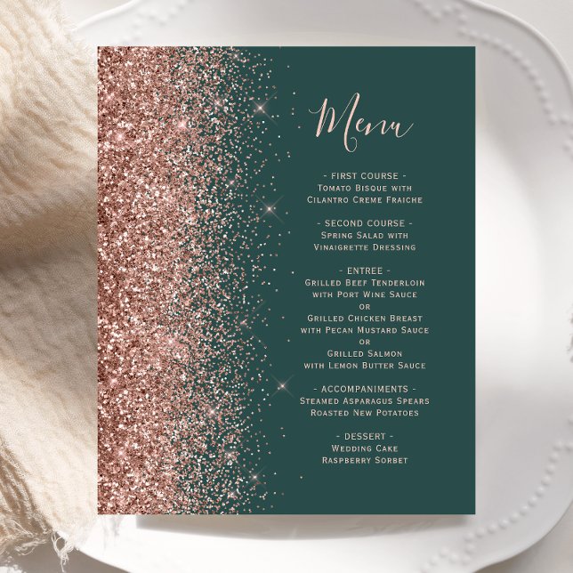 Budget Mörkgrön Rosa Guld Glitter Bröllopsmeny (Skapare uppladdad)