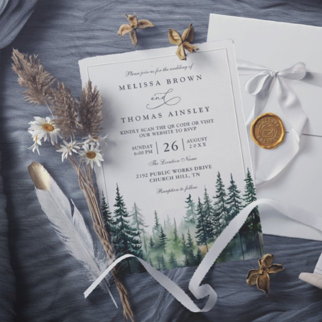Budget mountain destination rustic qr code wedding inbjudningar (Skapare uppladdad)