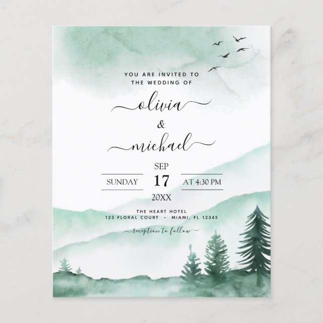 Budget Mountain Rustic Watercolor Greenery Bröllop (Framsida)