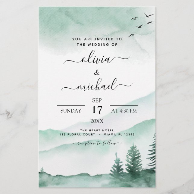Budget Mountain Rustic Watercolor Greenery Bröllop (Framsida)