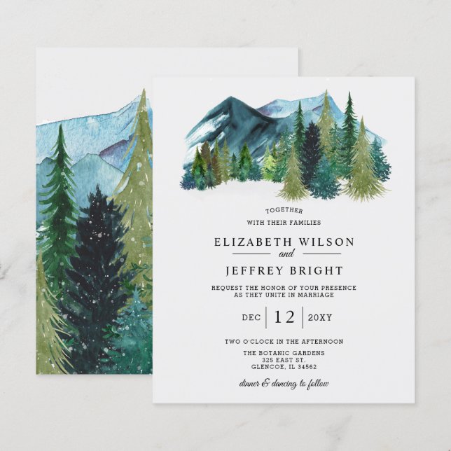 Budget Mountains Gräs Winter Wedding bjudande (Fram/baksida)