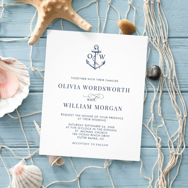 Budget Nautical Anchor Navy White Wedding bjudande Flygblad (Skapare uppladdad)