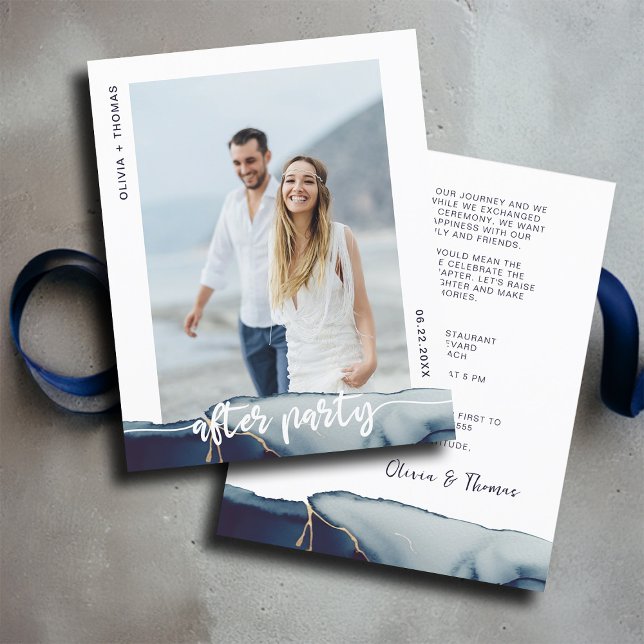 Budget Navy after Elopement Party bröllopsinbjudan (after elopement wedding party invitation budget photo navy blue modern simple elegant romantic boho)
