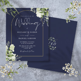 Budget Navy Blå Blommig Guld Båge Bröllopsinbjudan