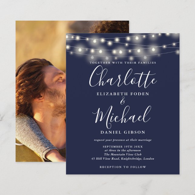 Budget Navy Blå Ljus Foto Bröllopsinbjudan (Fram/baksida)