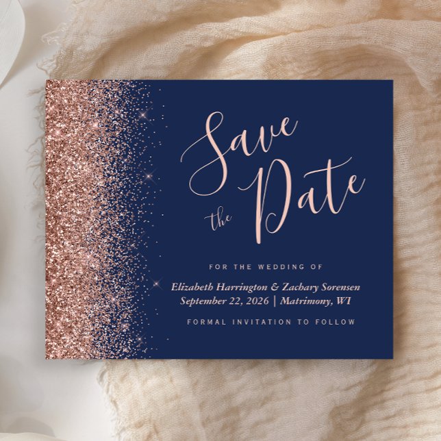 Budget Navy Blå Rosa Guld Glitter Spara Datumet (Skapare uppladdad)