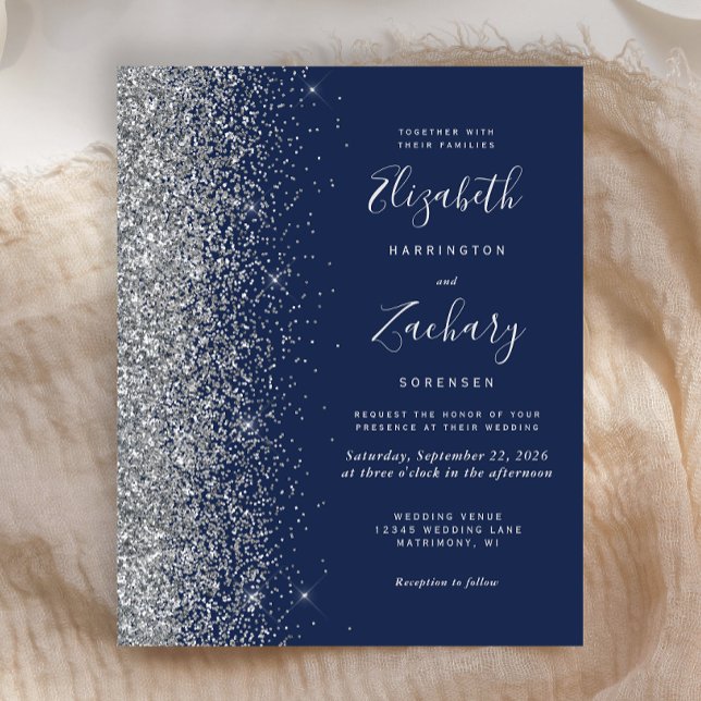 Budget Navy Blå Silver Glitter Bröllopsinbjudan (Skapare uppladdad)