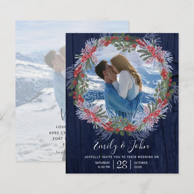 Budget Navy Blå Vinter Blommig Bröllopsinbjudan (Fram/baksida)