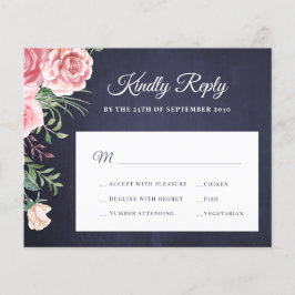 Budget navy blårosa blommig bröllops-RSVP Flygblad