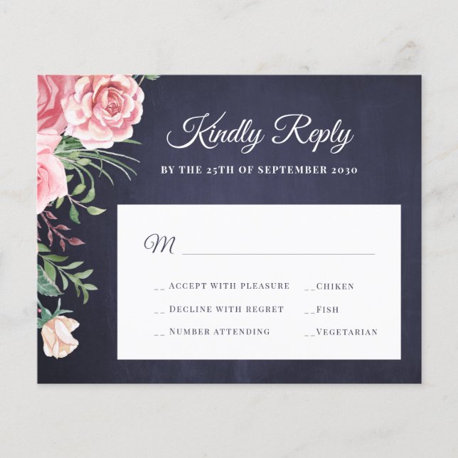 Budget navy blårosa blommig bröllops-RSVP Flygblad (Framsidan)