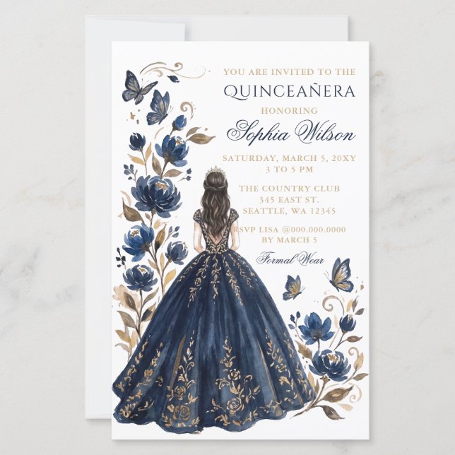 Budget Navy Blommig Prinsessa Fjäril Quinceañera (Framsida)