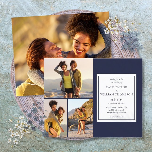 Budget Navy Blue 4 Bilder Bröllopsinbjudan (Budget Navy Blue 4 Photos Wedding Invitation)