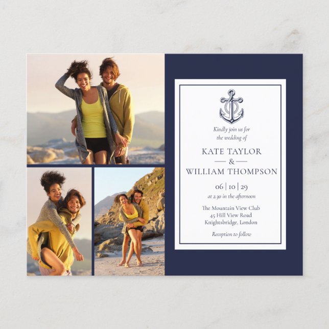 Budget Navy Blue 4 Bilder Nautilus Bröllopsinbjuda (Framsida)