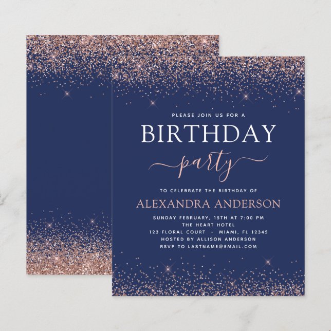 Budget Navy Blue Birthday Ro Guld Rosa Glitter (Fram/baksida)