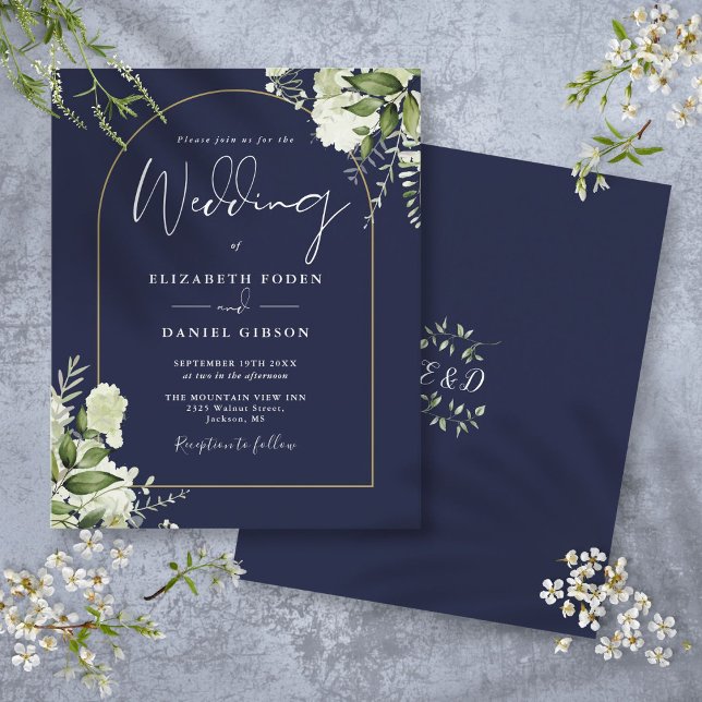 Budget Navy Blue Blommig Guld Båge Bröllopsinbjuda (Budget Navy Blue Floral Gold Arch Wedding Invite)