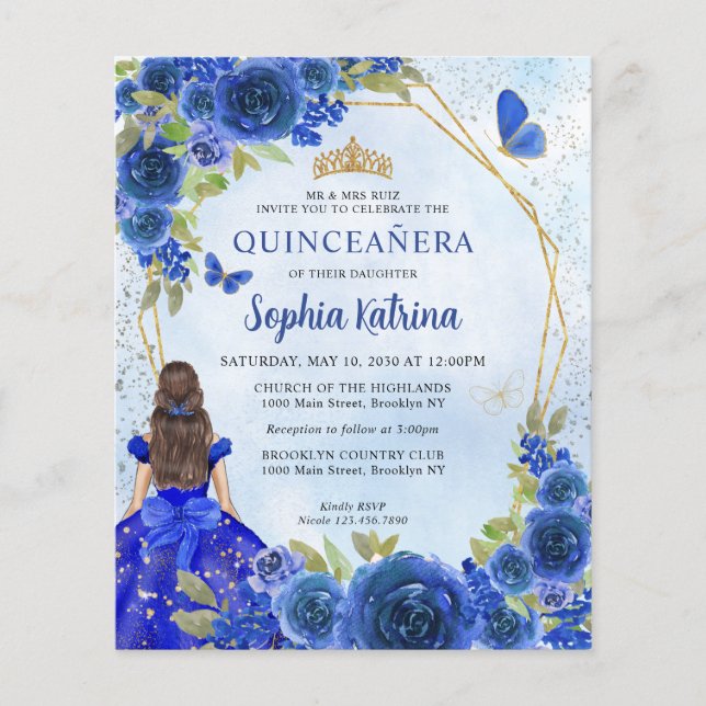 Budget Navy Blue Blommigt Princess Quinceañera Pho (Framsida)