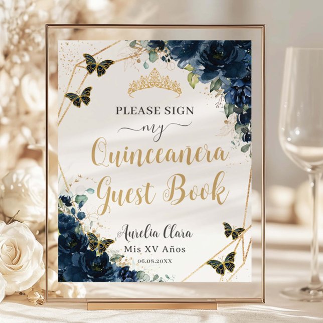 Budget Navy Blue Blommigt Quinceanera 16 Guest Bok (navy-blue-floral-butterflies-gold-tiara-quinceanera-sweet-16-birthday-party-cheap-guest-book-signage)