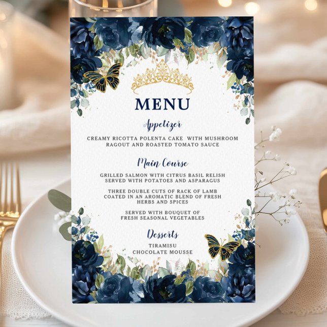 Budget Navy Blue Blommigt Sweet 16 Quinceañera Men Flygblad (navy-blue-floral-butterflies-gold-tiara-quinceanera-sweet-16-birthday-party-cheap-budget-menu-sheets)