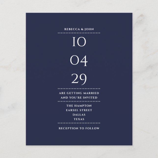 Budget Navy Blue Bröllopsdatum Inbjudan (Framsida)
