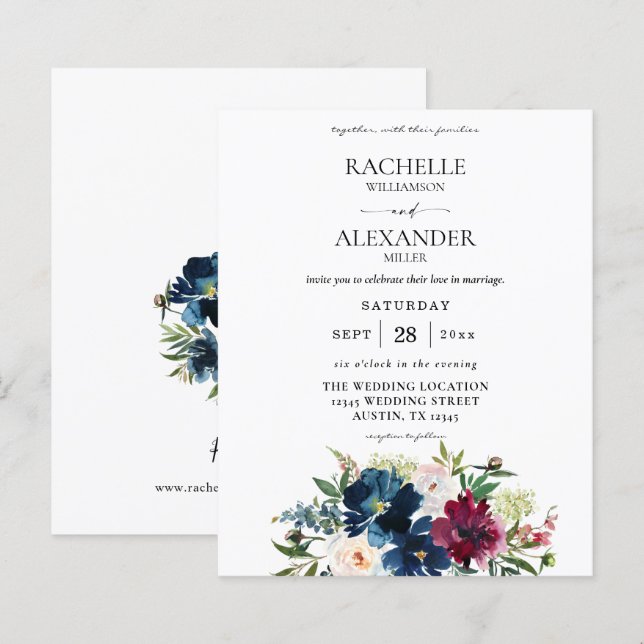 Budget Navy Blue, Burgundy & White Blommigt Bröllo (Fram/baksida)