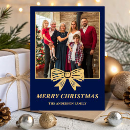 Budget Navy Blue & Gold Bow Family Christmas Photo Julkort